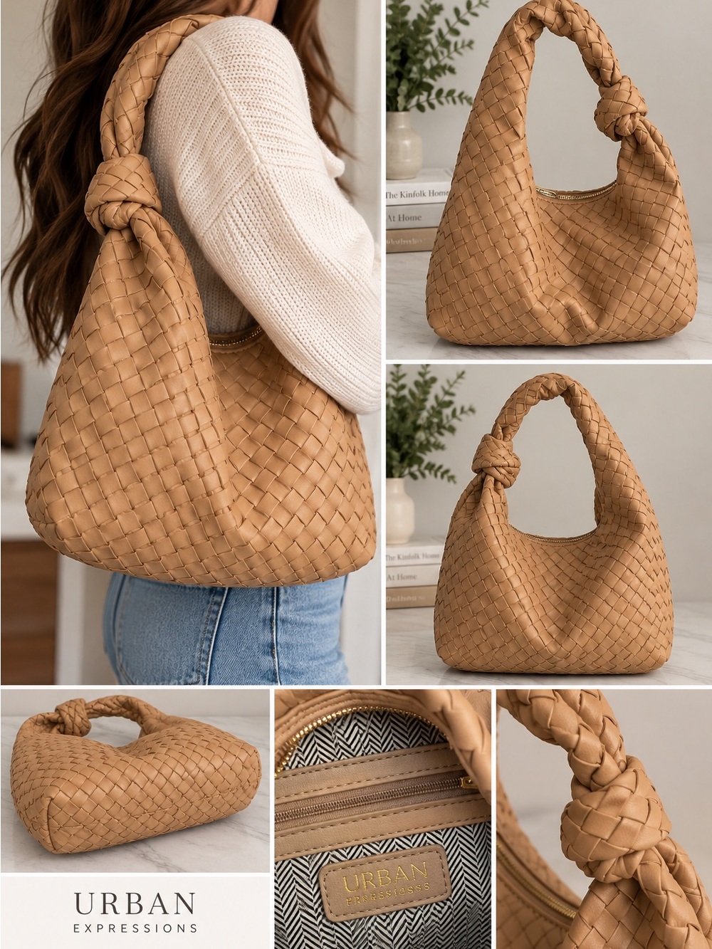 Woven Knot-Handle Shoulder Bag in Tan